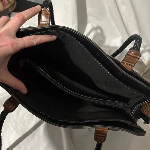 Mixed Media Black Brown Faux Leather Tote Shoulder Purse Document Bag Embossed - Picture 12 of 14